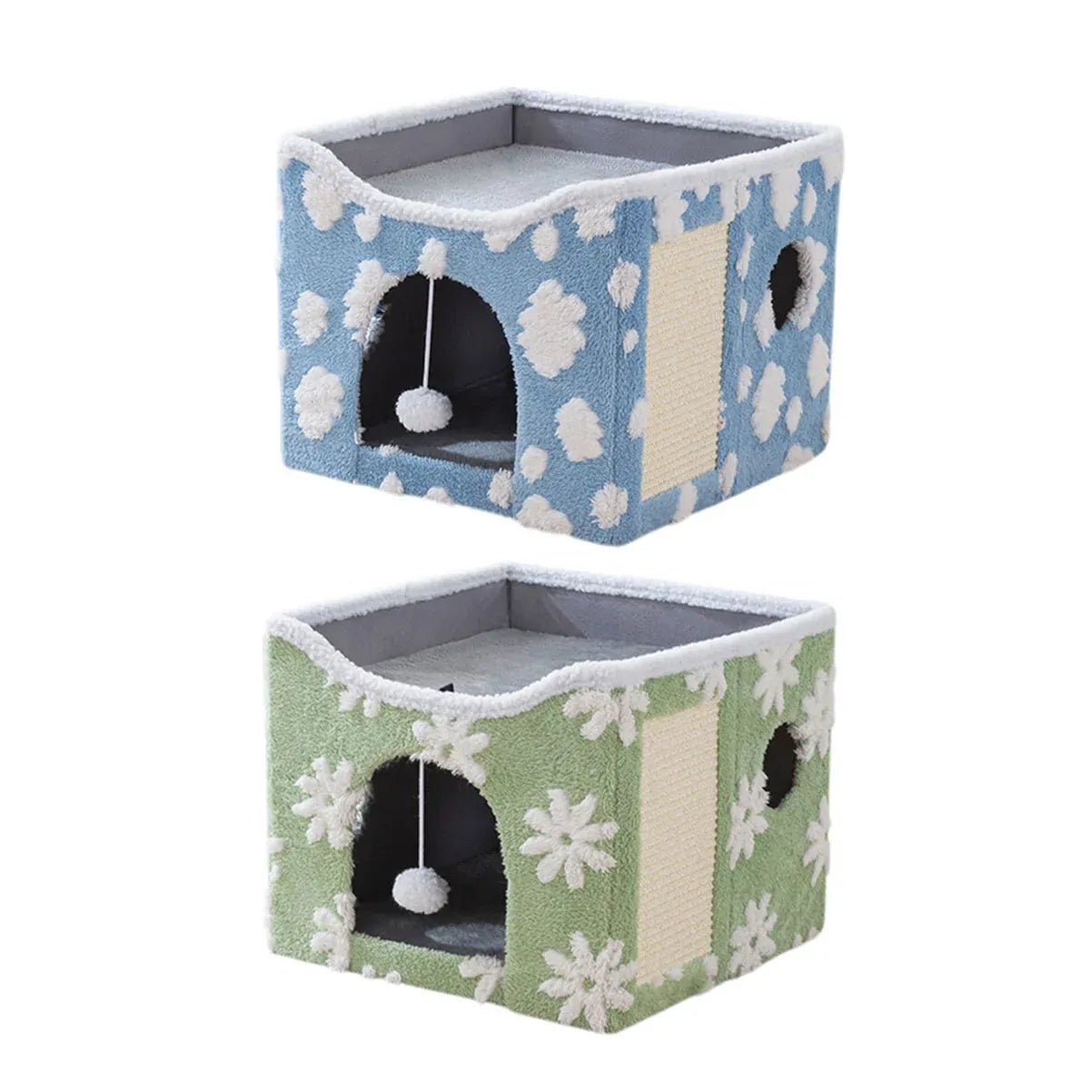 Foldable Two-Level Cat Bed & Scratcher with Hanging Toy - Blue, 41 cm