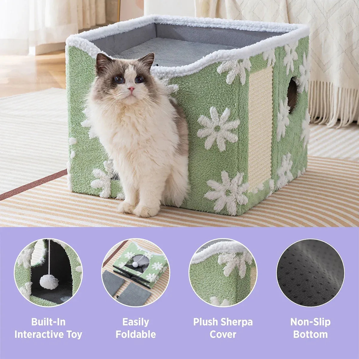 Foldable Two-Level Cat Bed & Scratcher with Hanging Toy - Blue, 41 cm