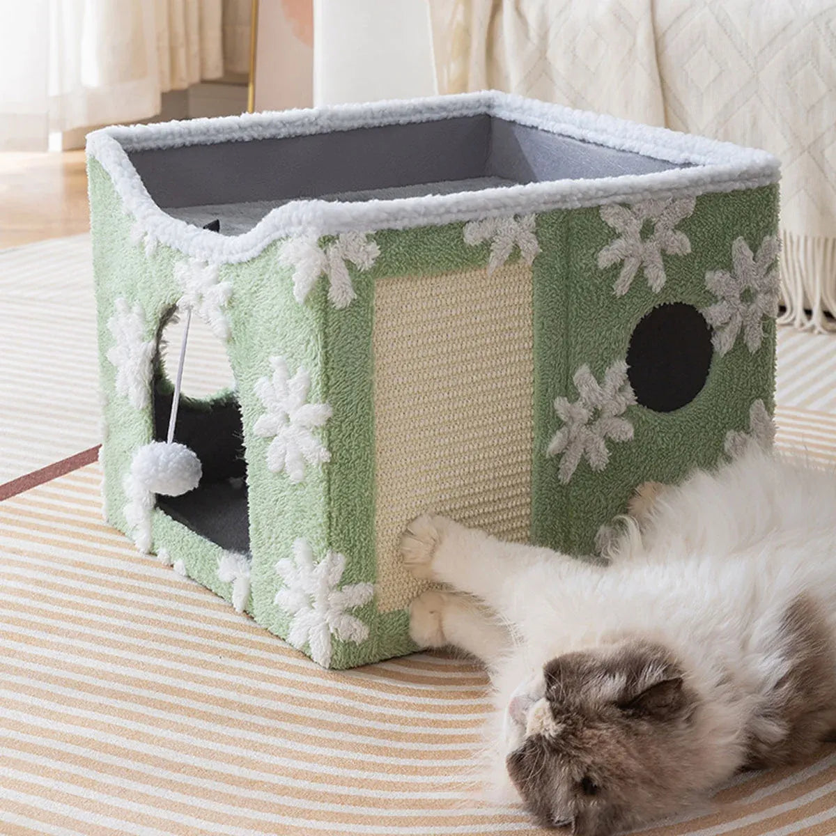 Foldable Two-Level Cat Bed & Scratcher with Hanging Toy - Blue, 41 cm