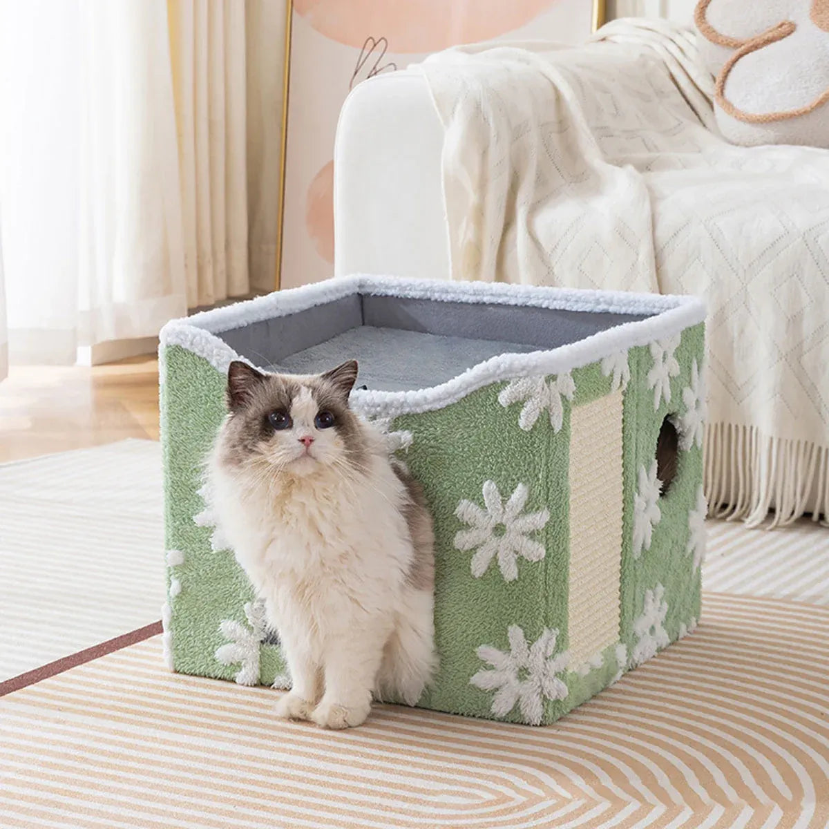 Foldable Two-Level Cat Bed & Scratcher with Hanging Toy - Blue, 41 cm