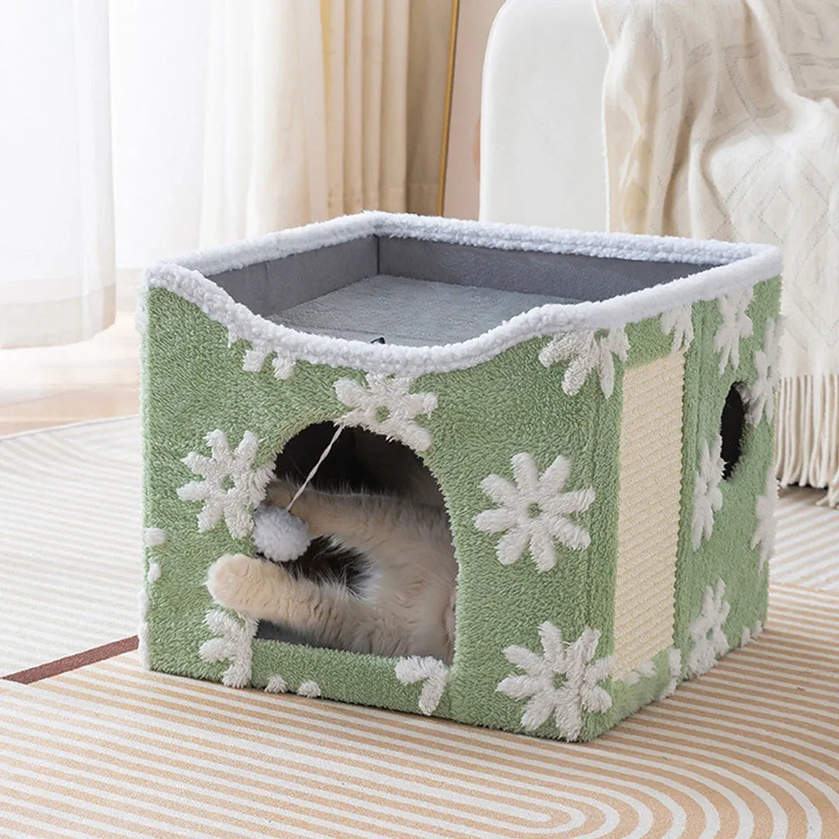 Foldable Two-Level Cat Bed & Scratcher with Hanging Toy - Blue, 41 cm