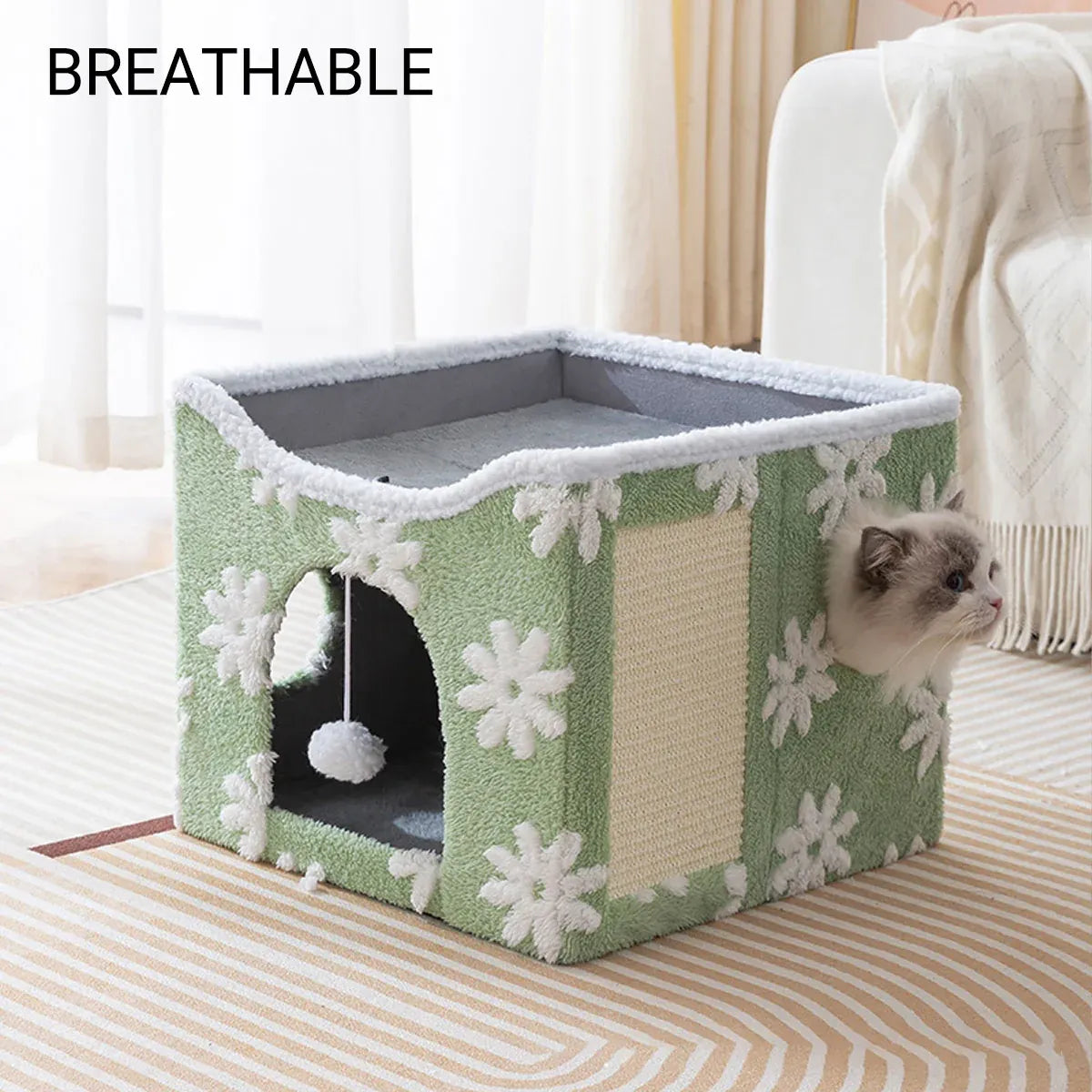 Foldable Two-Level Cat Bed & Scratcher with Hanging Toy - Blue, 41 cm