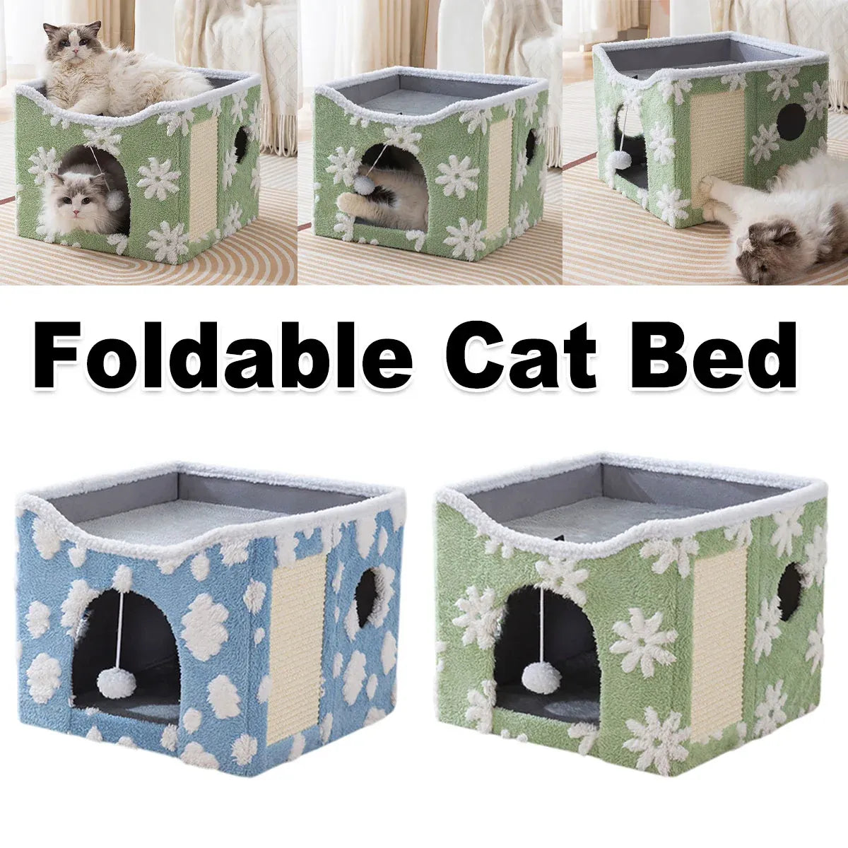 Foldable Two-Level Cat Bed & Scratcher with Hanging Toy - Blue, 41 cm