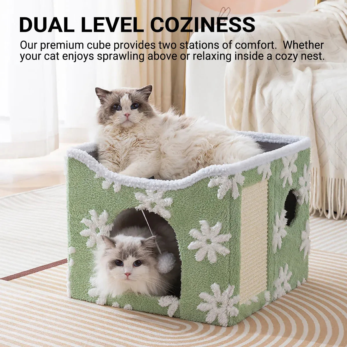 Foldable Two-Level Cat Bed & Scratcher with Hanging Toy - Blue, 41 cm
