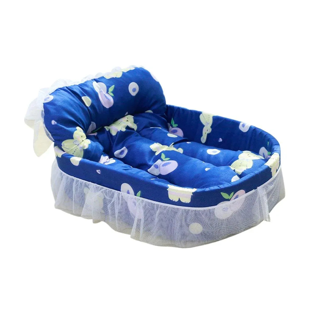 Lace-Trimmed Princess-Style Pet Cushion Bed - Blue, 57 × 40 cm