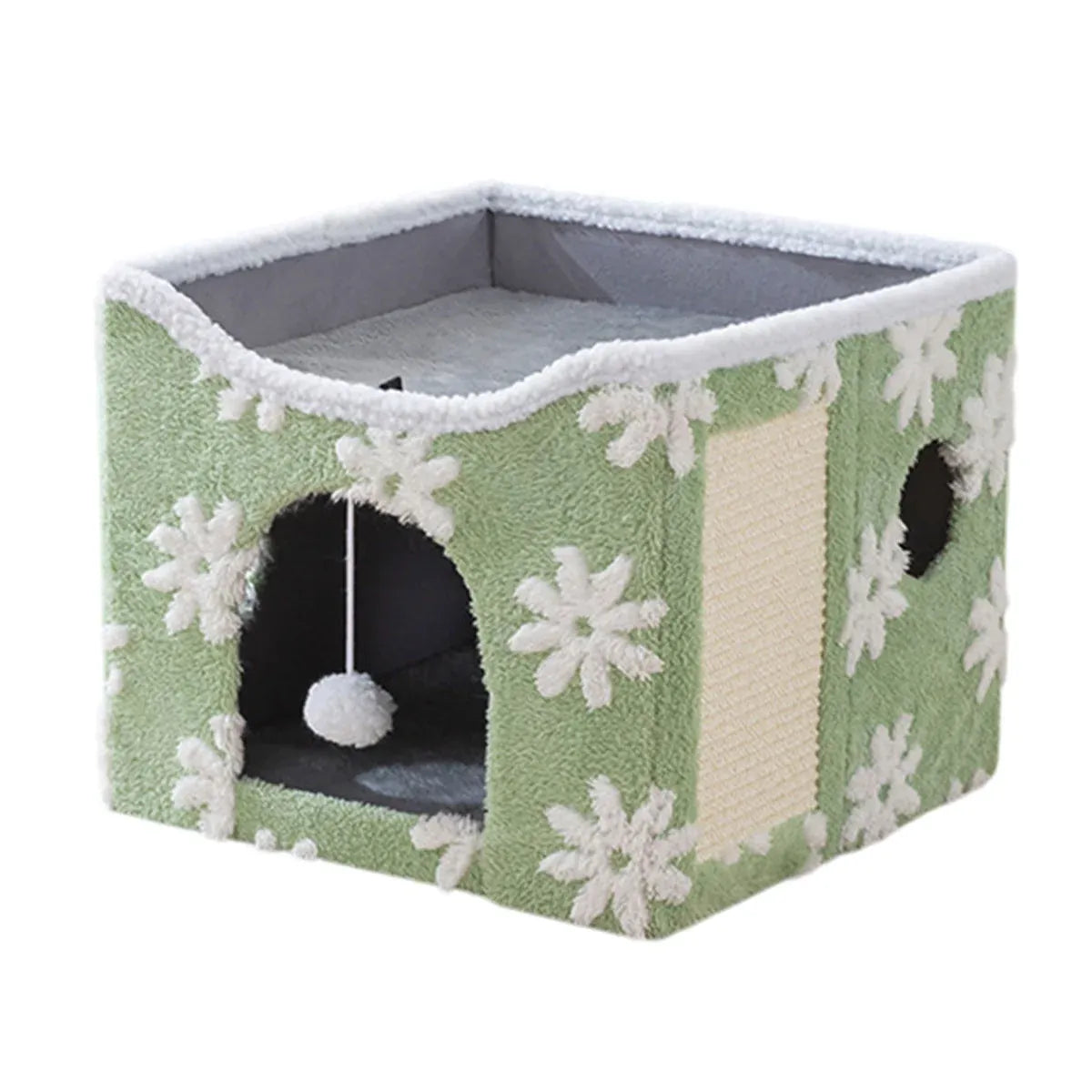 Foldable Two-Level Cat Bed & Scratcher with Hanging Toy - Green, 41 cm