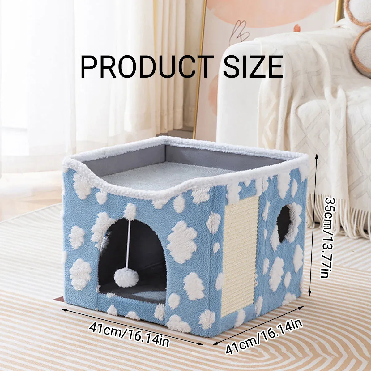 Foldable Two-Level Cat Bed & Scratcher with Hanging Toy - Green, 41 cm