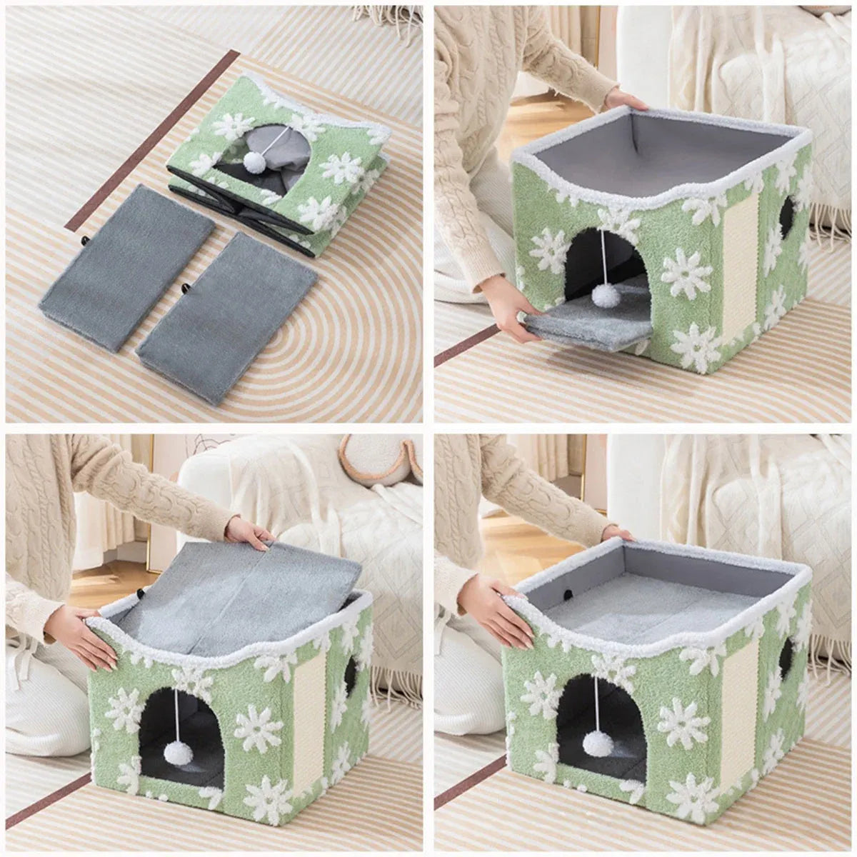 Foldable Two-Level Cat Bed & Scratcher with Hanging Toy - Green, 41 cm