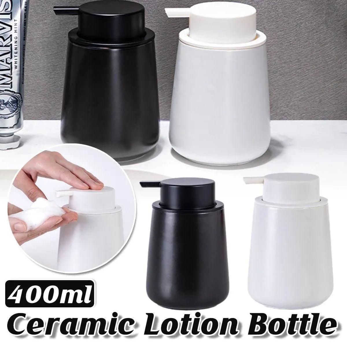 400ML Ceramic Stoneware Soap Dispenser Modern Design Lotion Pump Manual Bathroom - Black