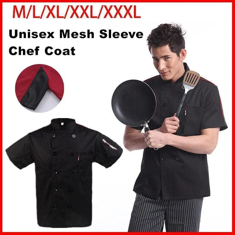 Unisex Mesh Sleeve Chef Coat Jacket Restaurant Hotel Cook Short Clothes Uniform