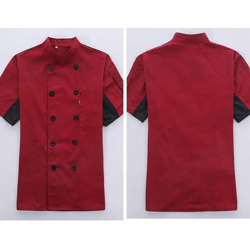 Red Unisex Mesh Sleeve Chef Coat Jacket Restaurant Hotel Cook Short Uniform - 3XL