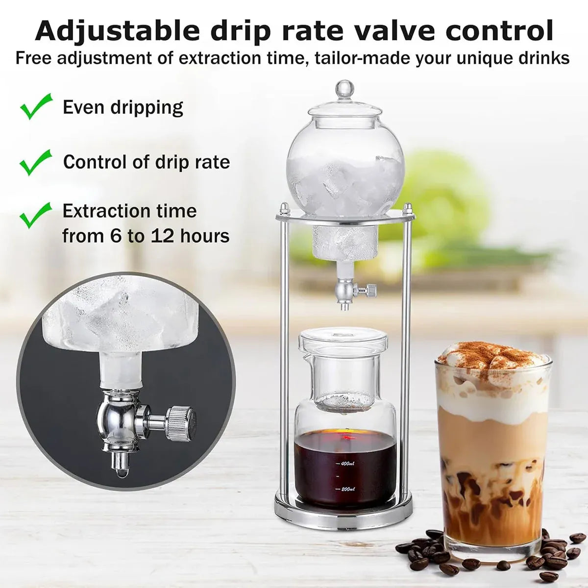 Manual Glass Cold-Brew Coffee Ice-Drip Maker with Adjustable Flow