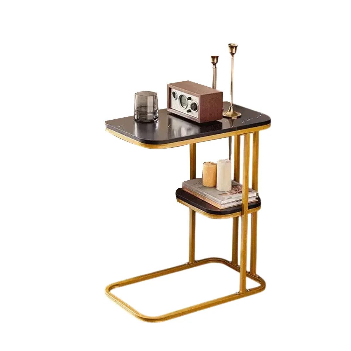 Modern 2-Tier Living Room Side Table – Black & Gold