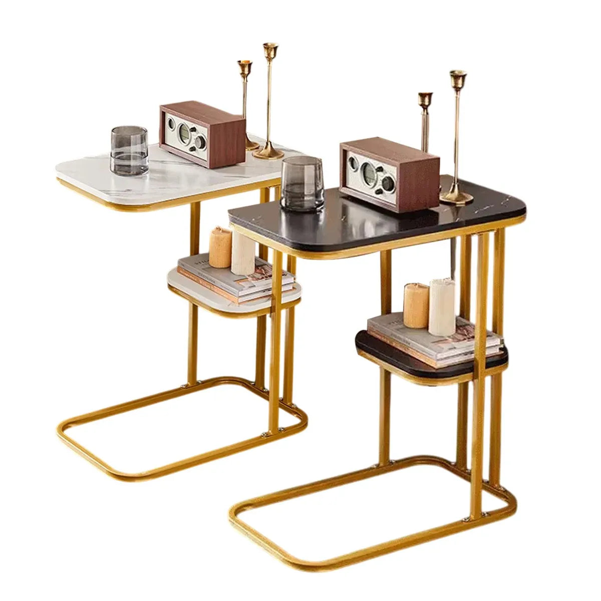 Modern 2-Tier Living Room Side Table – Black & Gold