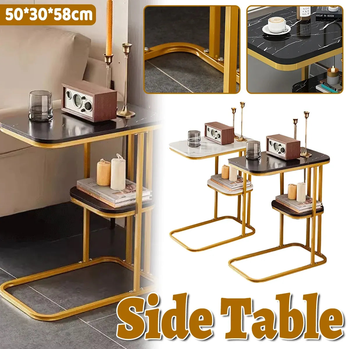 Modern 2-Tier Living Room Side Table – White & Gold