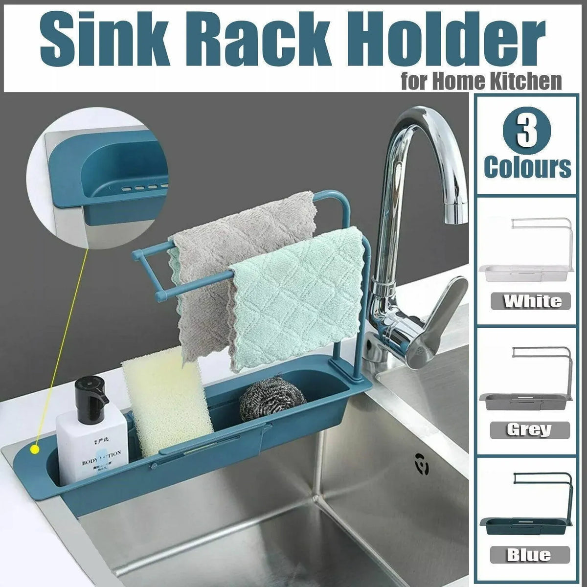Telescopic Sink Rack Holder Expandable Storage Drain Basket Home Kitchen Kit - Blue — product image 2 of 13