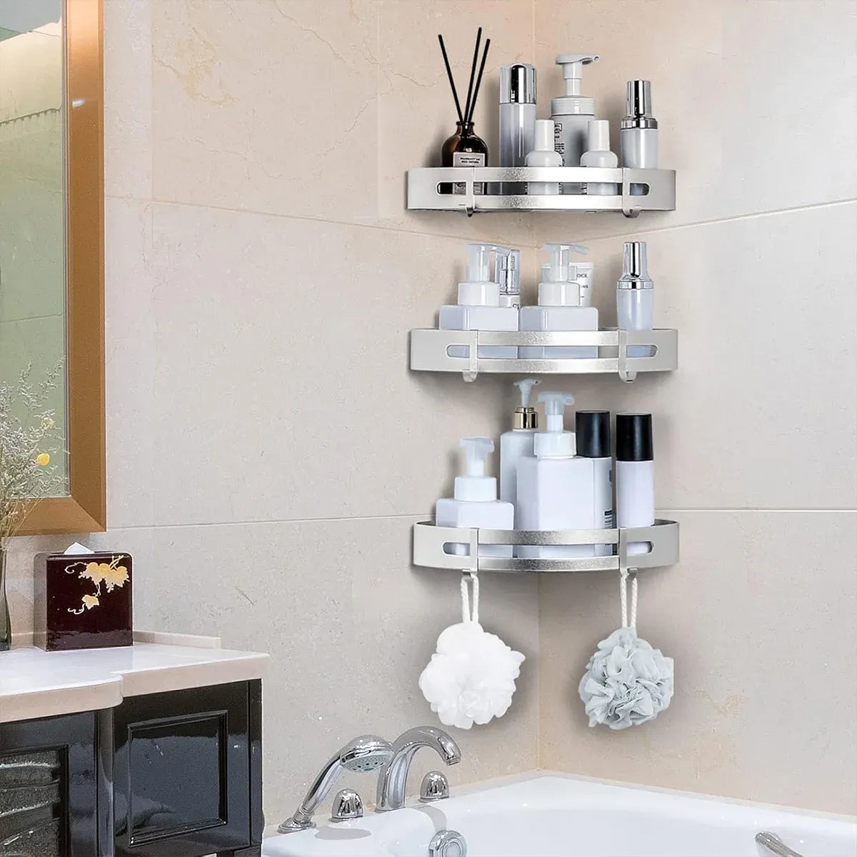Wall-Mounted Triangle Corner Bathroom Storage Shelf with Rod – Single Tier — product image 5 of 14