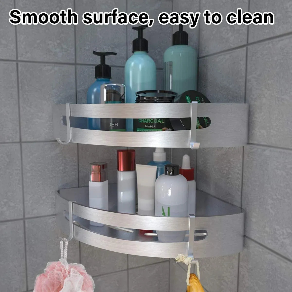Wall-Mounted Triangle Corner Bathroom Storage Shelf with Rod – Single Tier — product image 9 of 14