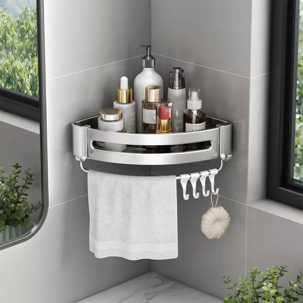 Wall-Mounted Triangle Corner Bathroom Storage Shelf with Rod – Single Tier — product image 11 of 14