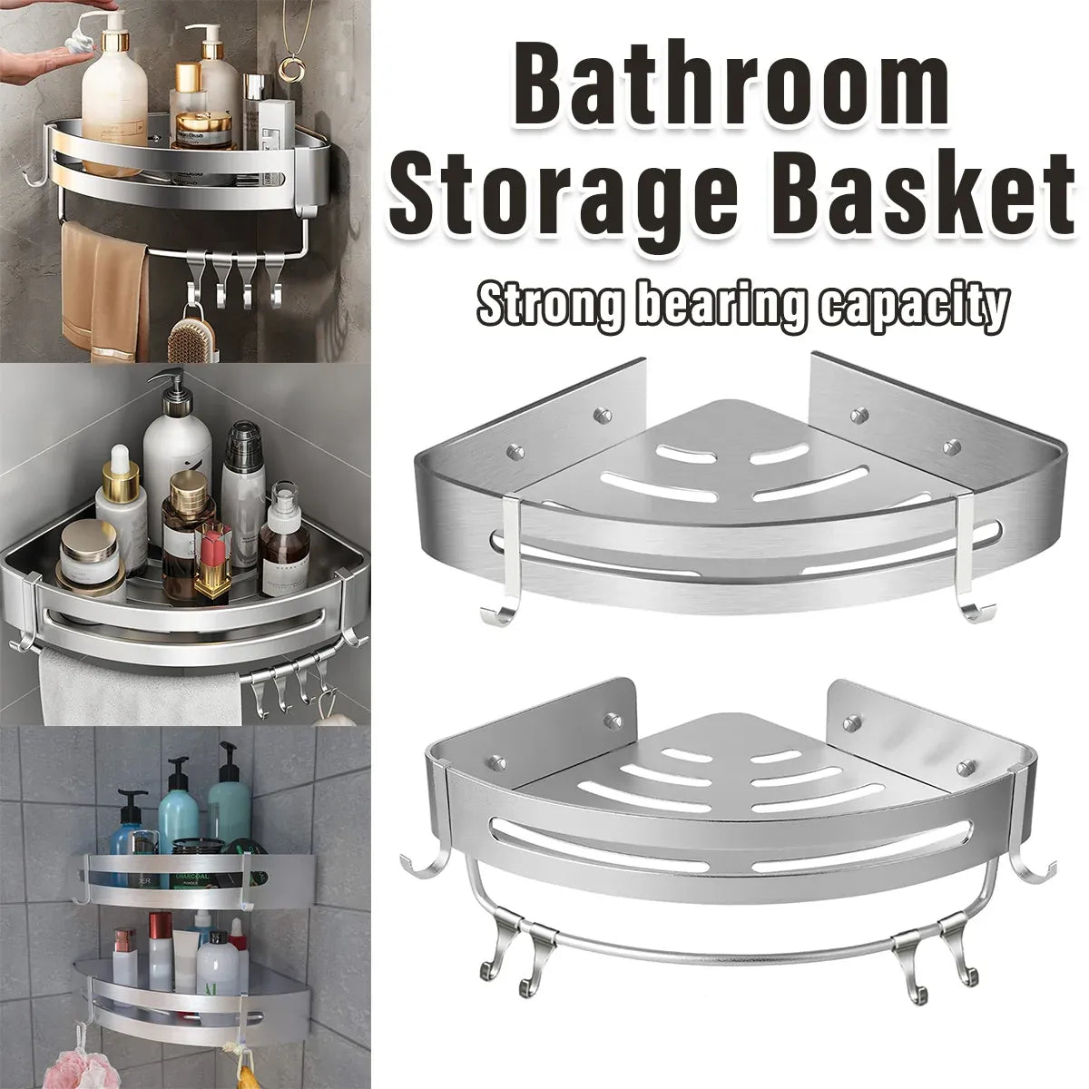 Wall-Mounted Triangle Corner Bathroom Storage Shelf with Rod – Single Tier — product image 14 of 14