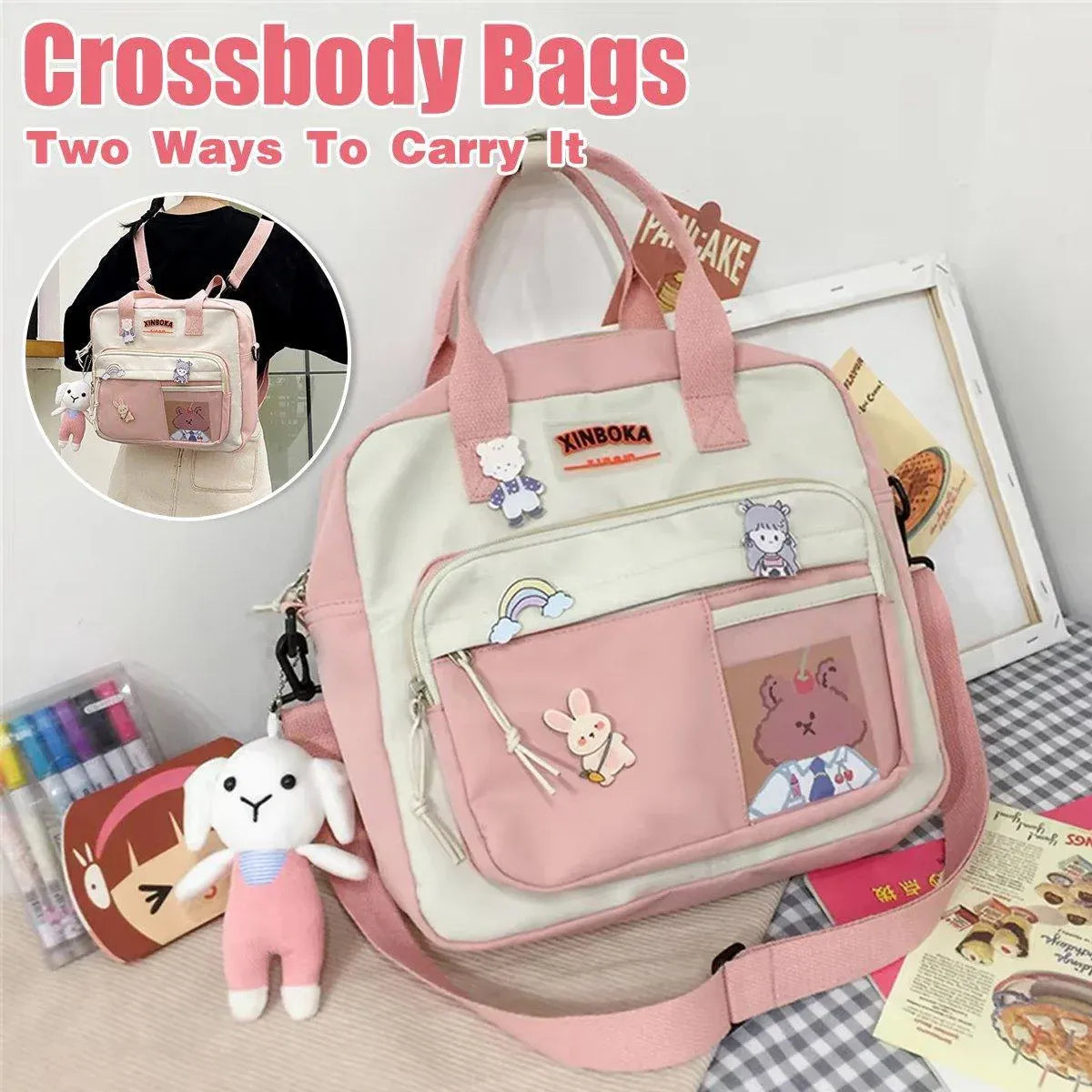 Kawaii Crossbody School Bag for Girls Large Capacity Kawaii Bag With Kawaii Pin