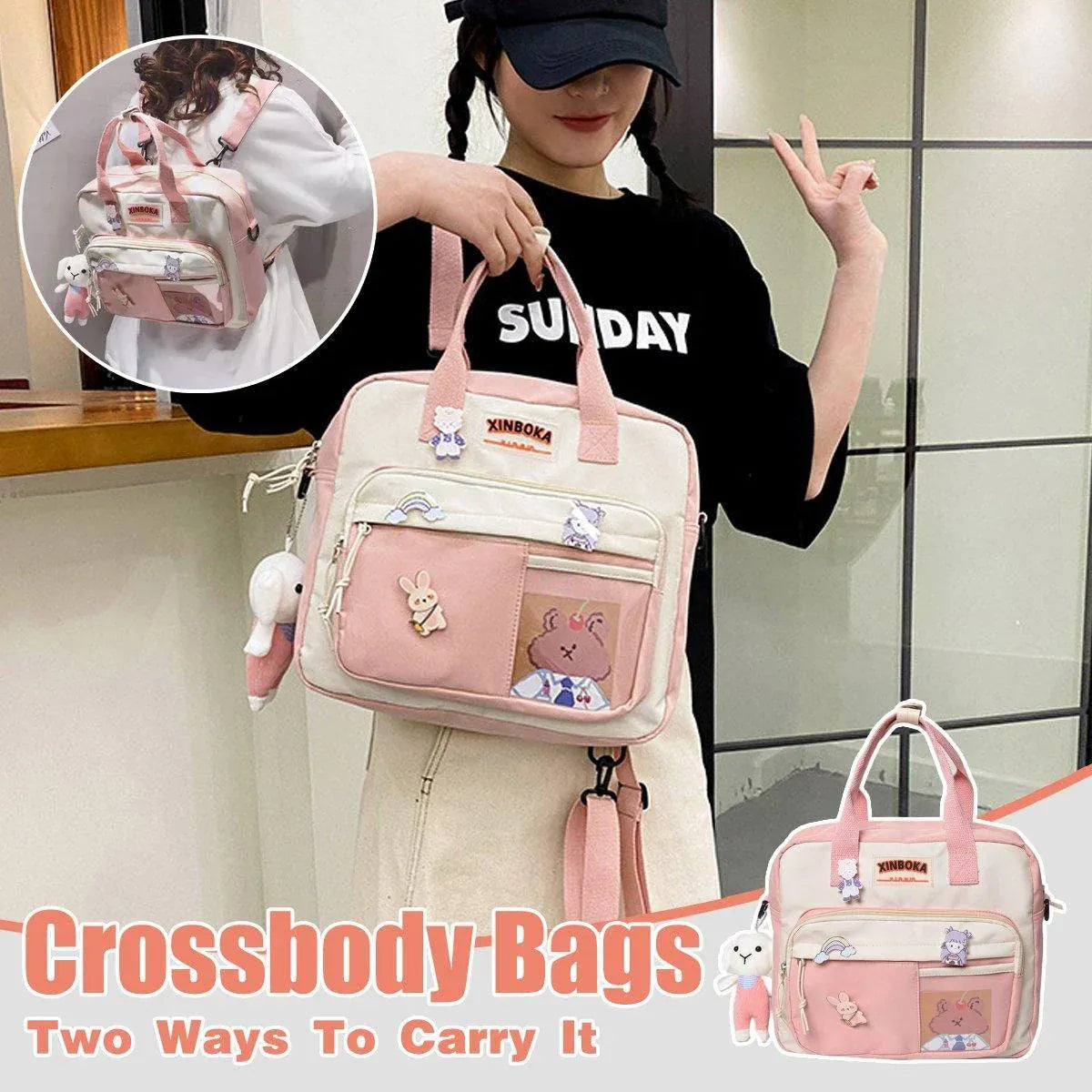 Kawaii Crossbody School Bag for Girls Large Capacity Kawaii Bag With Kawaii Pin