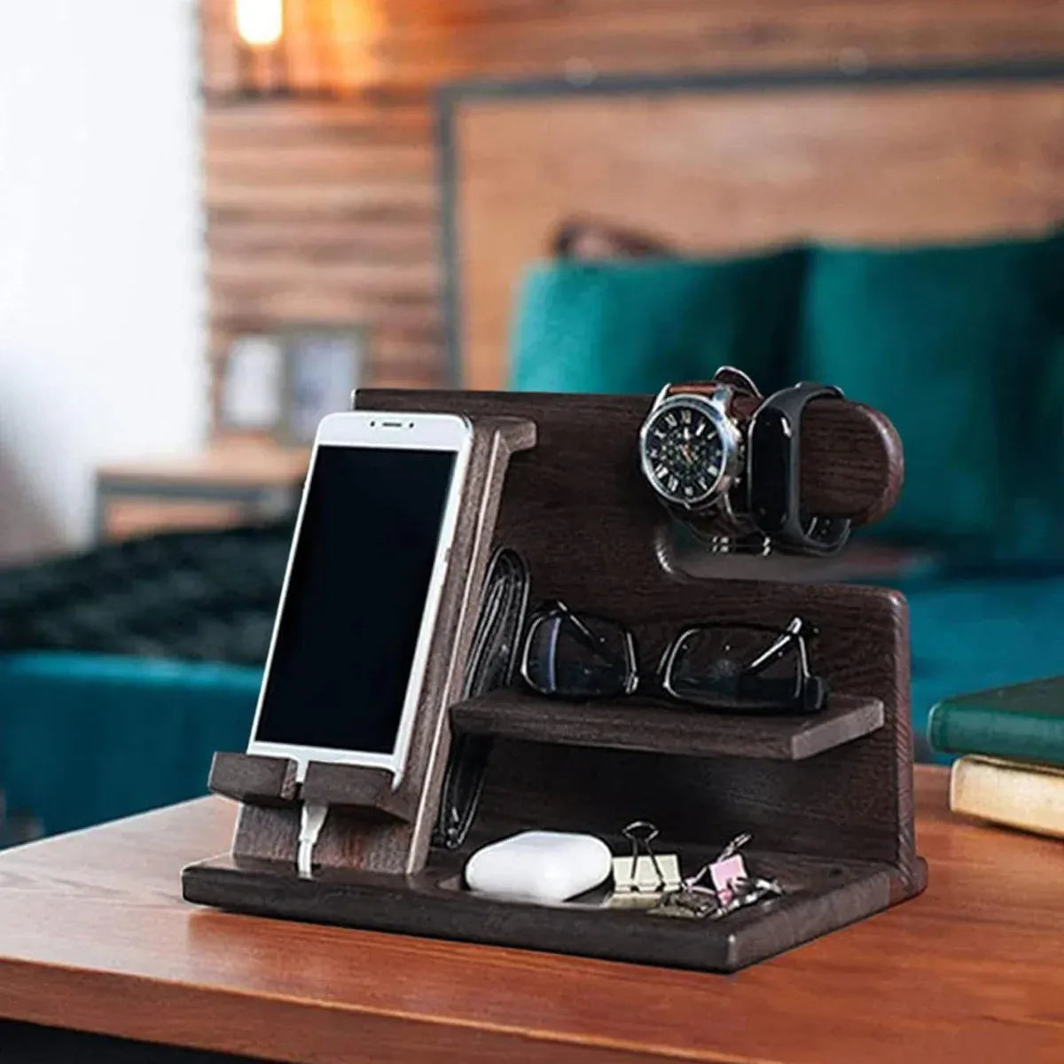 Solid Wood Multi function Desktop Phone Stand Durable Stable Non Slip Space Saving