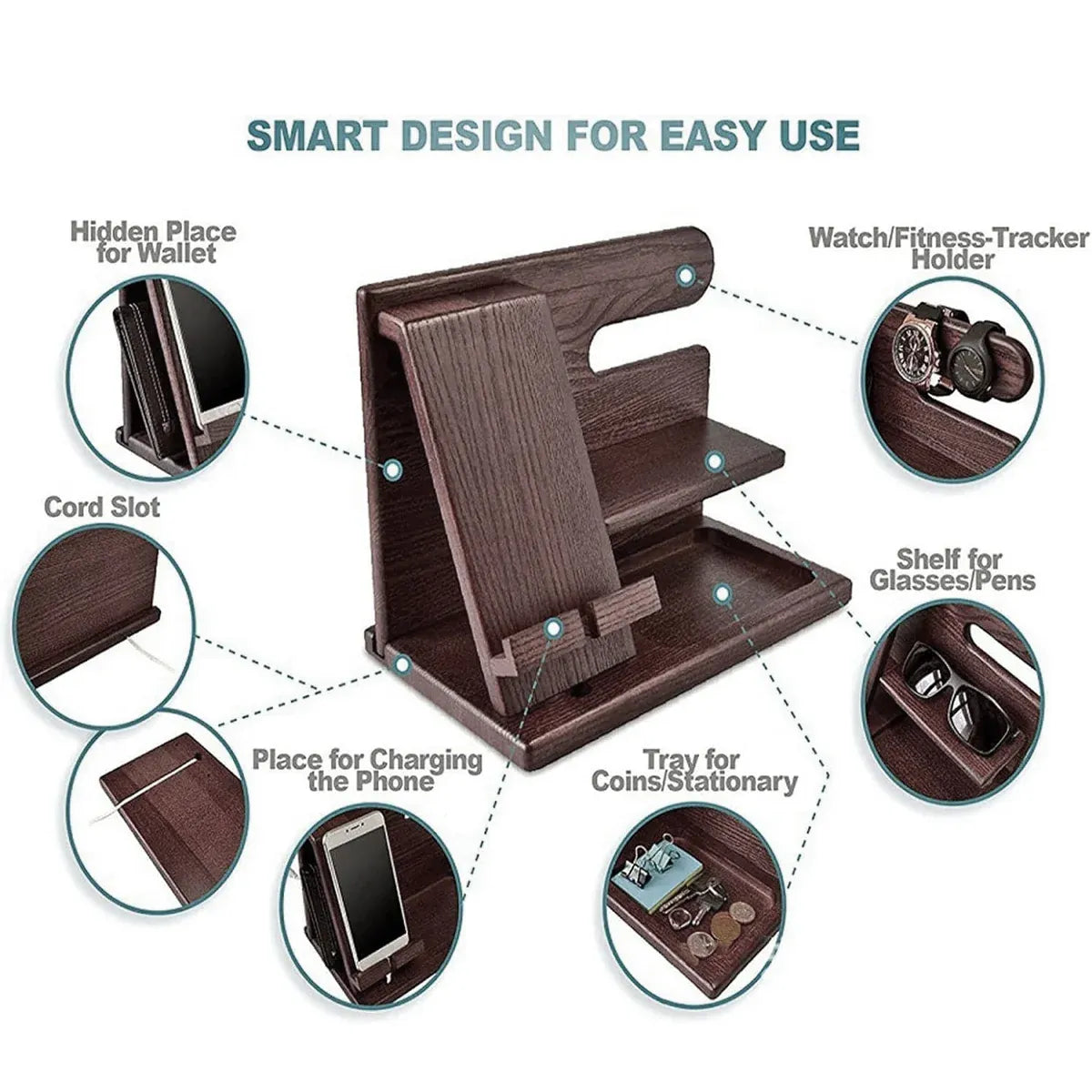 Solid Wood Multi function Desktop Phone Stand Durable Stable Non Slip Space Saving