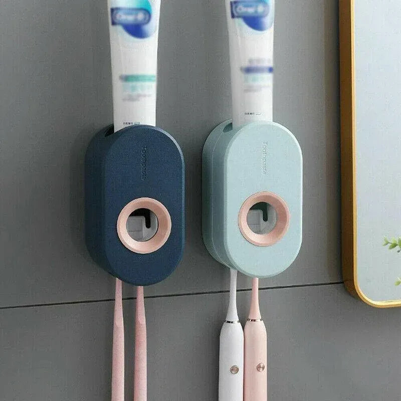Automatic Toothpaste Dispenser Bathroom Wall-Mounted Rack Toothbrush Holder - Pink