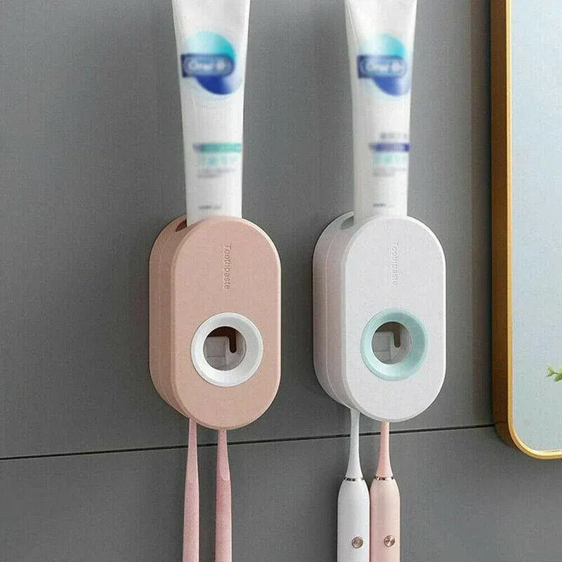 Automatic Toothpaste Dispenser Bathroom Wall-Mounted Rack Toothbrush Holder - Pink