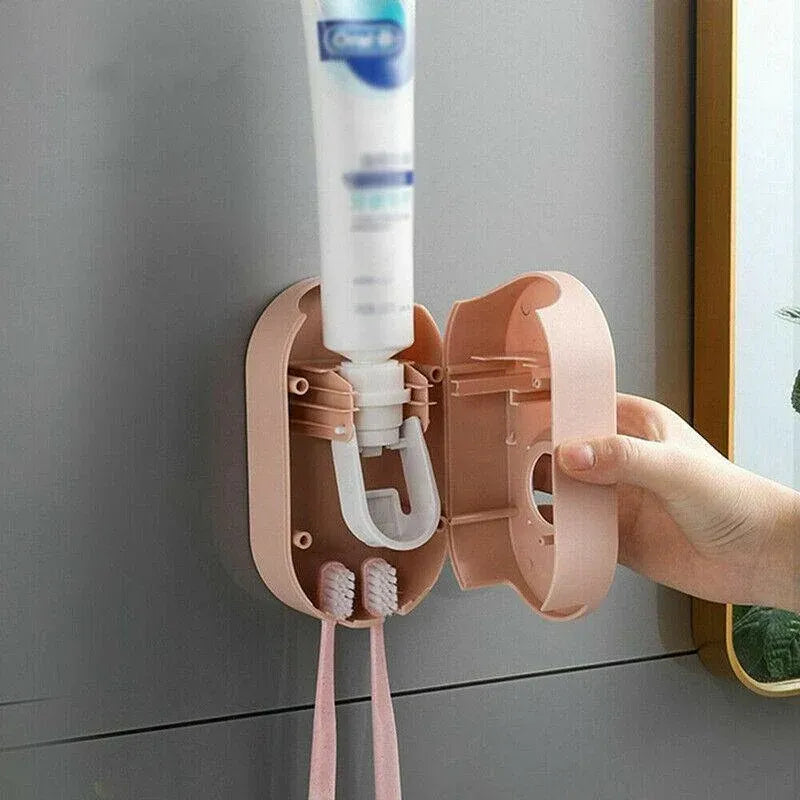 Automatic Toothpaste Dispenser Bathroom Wall-Mounted Rack Toothbrush Holder - Pink