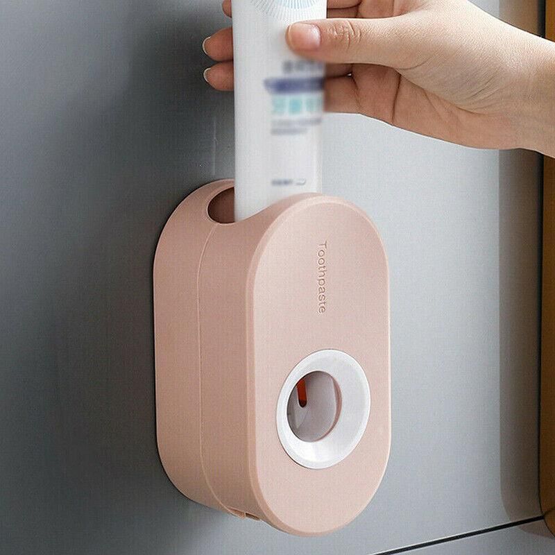 Automatic Toothpaste Dispenser Bathroom Wall-Mounted Rack Toothbrush Holder - Pink