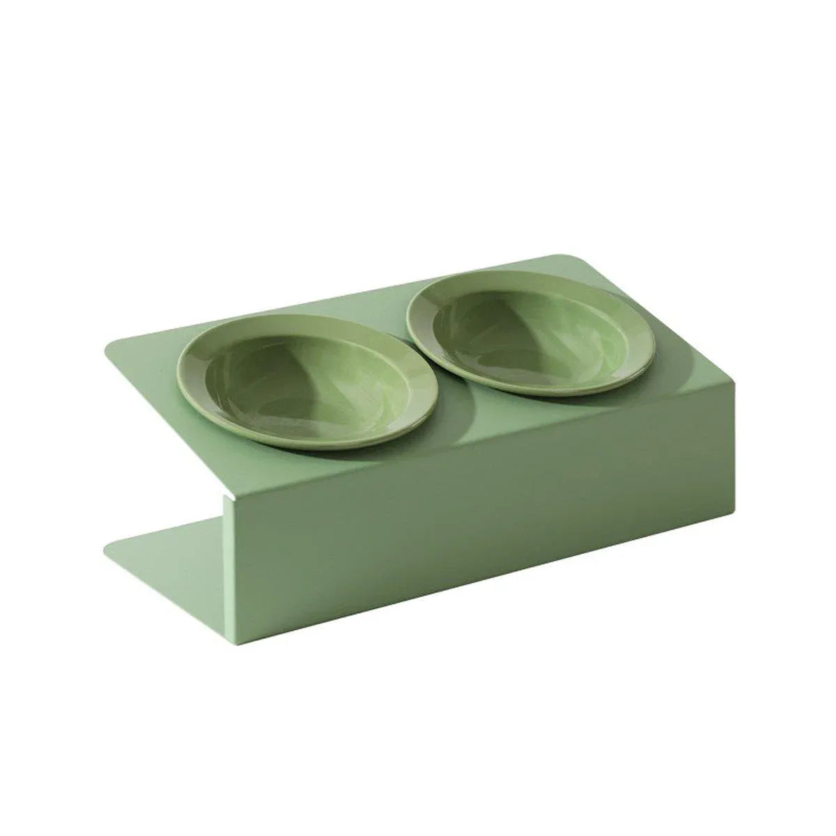 Slanted Double Ceramic Pet Feeding Bowl - Green