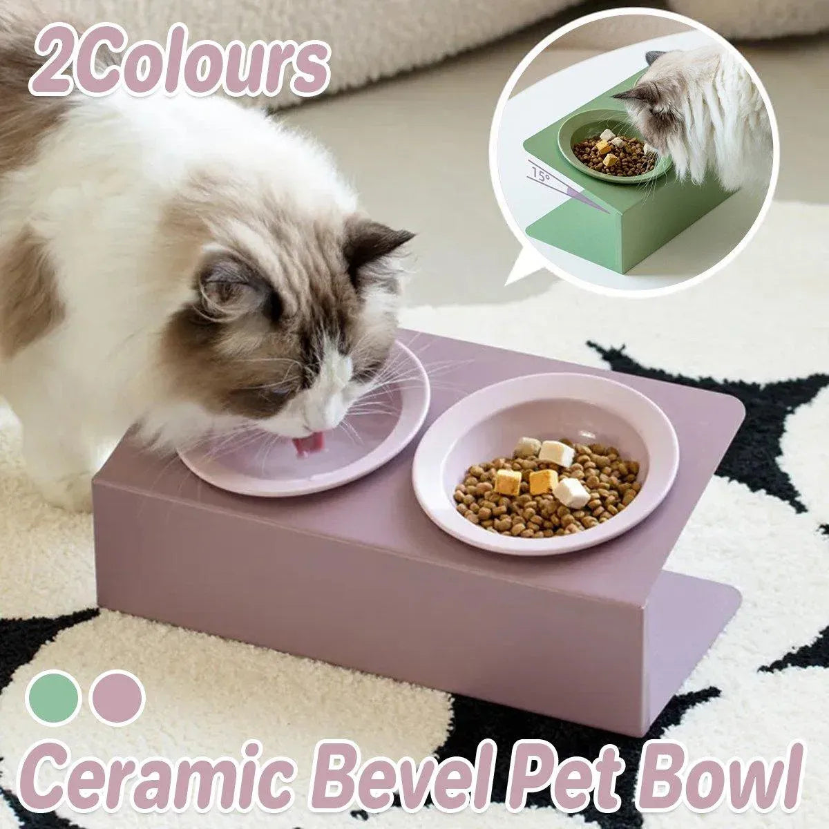 Slanted Double Ceramic Pet Feeding Bowl - Green