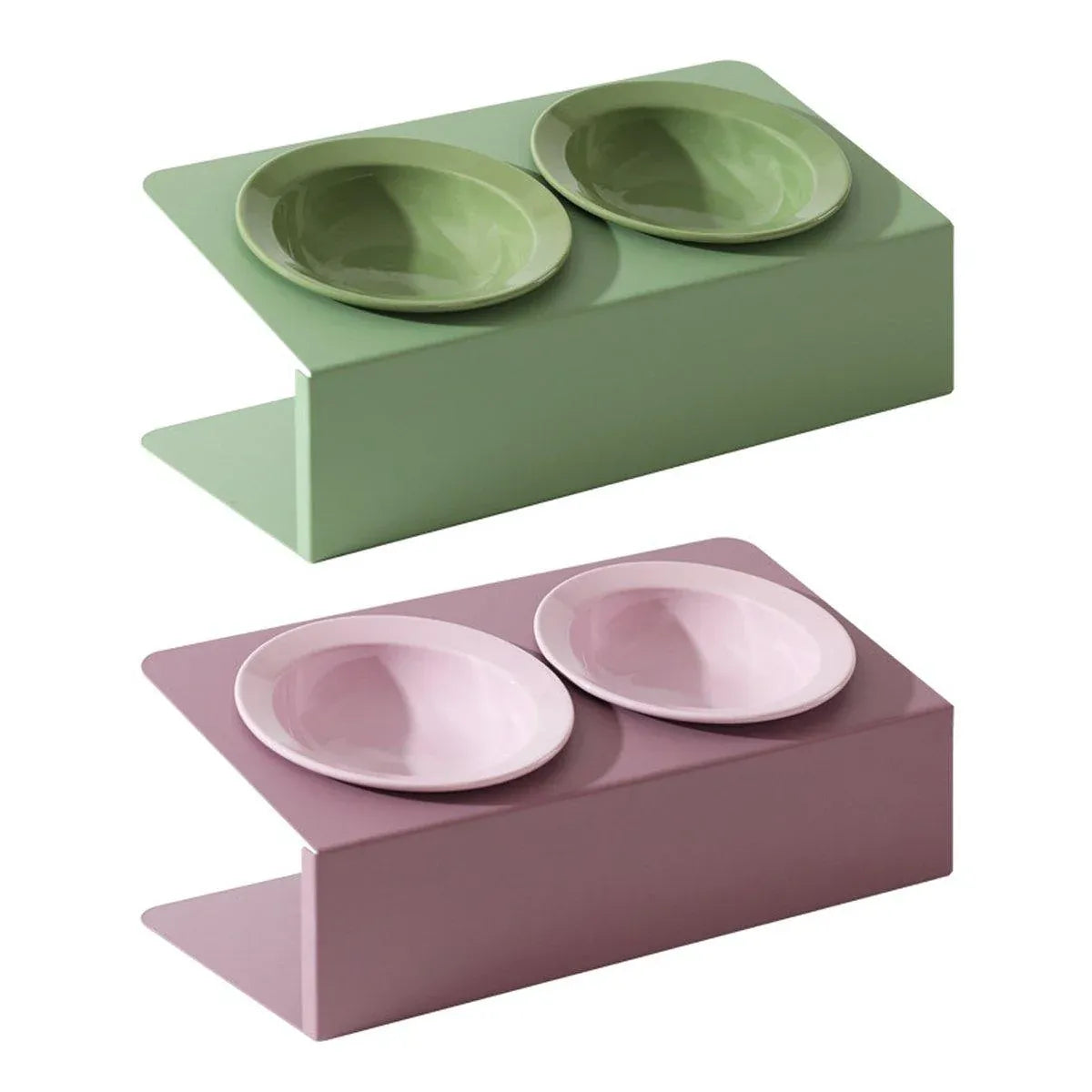 Slanted Double Ceramic Pet Feeding Bowl - Purple