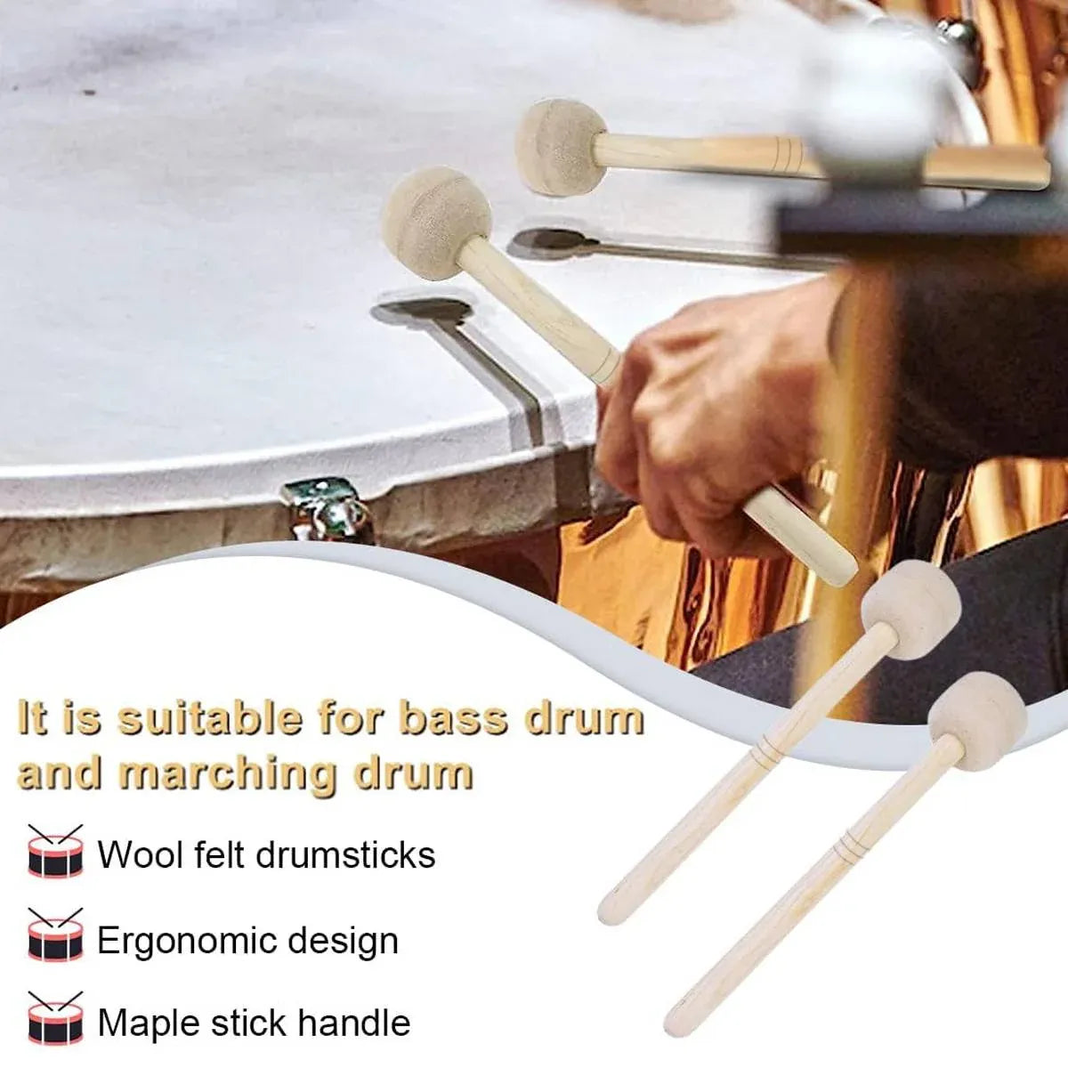 2pcs Felt Drumsticks Gong Mallets Soft Hammer Drum Accessories Percussion Tools — product image 11