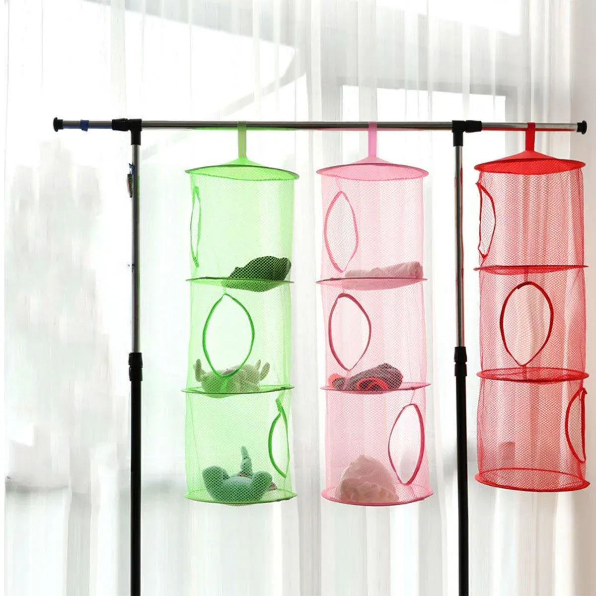 Foldable Clothes Drying Basket Three-layer Hanging Storage Breathable Organizer - Blue
