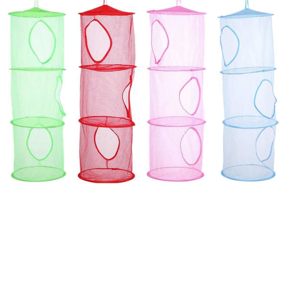 Foldable Clothes Drying Basket Three-layer Hanging Storage Breathable Organizer - Red