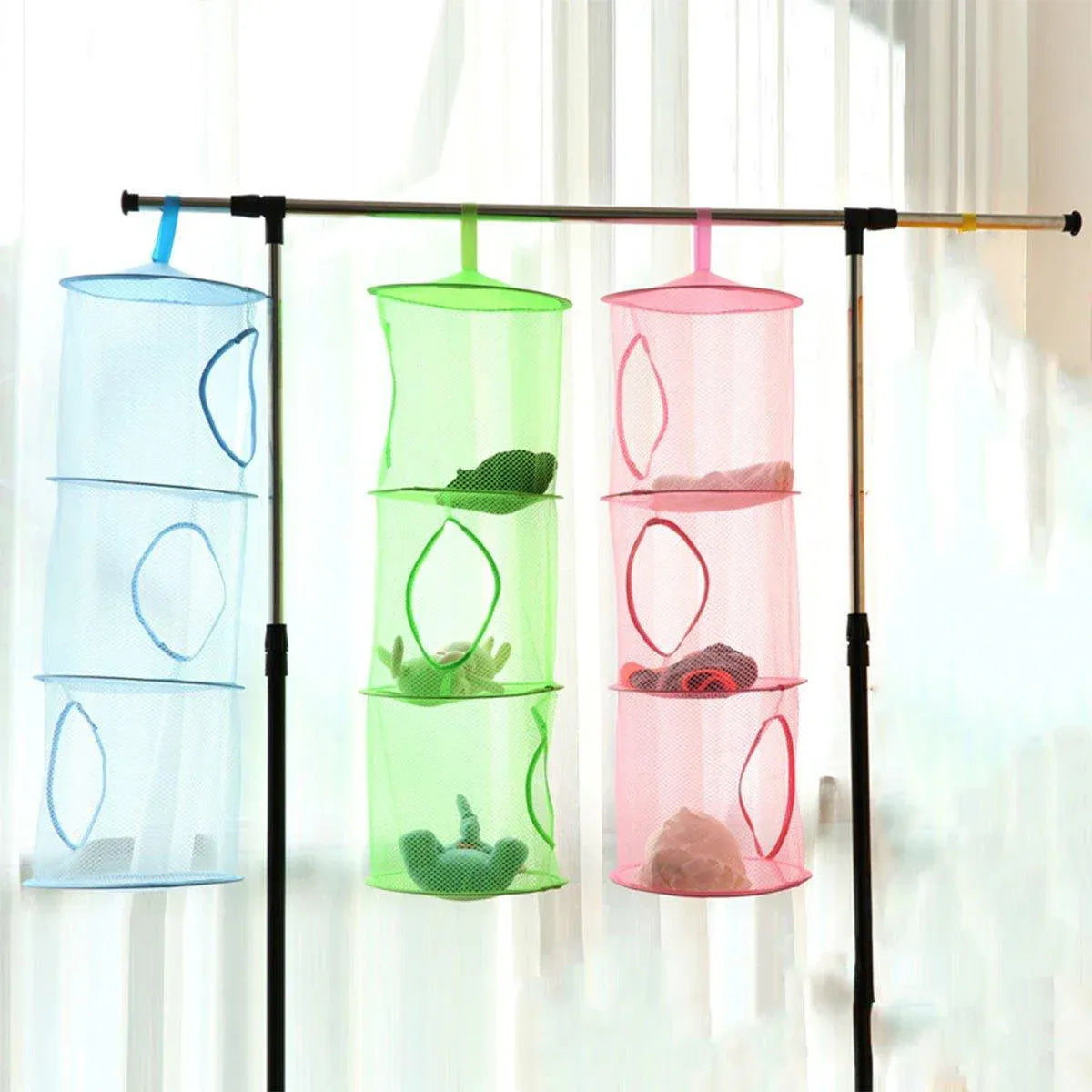Foldable Clothes Drying Basket Three-layer Hanging Storage Breathable Organizer - Red