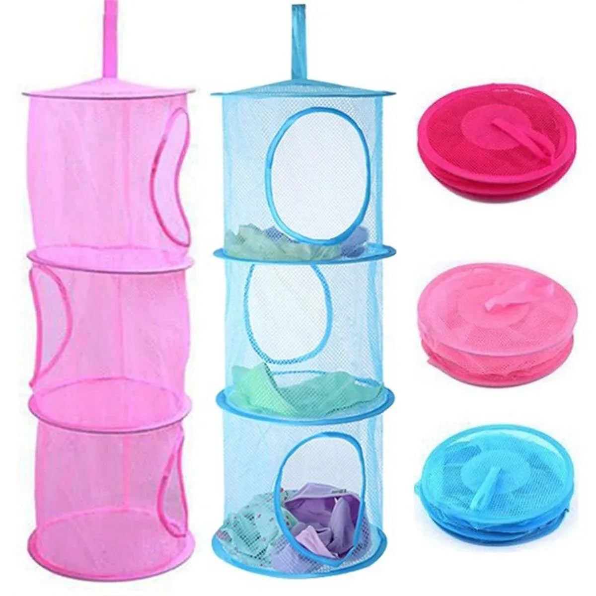 Foldable Clothes Drying Basket Three-layer Hanging Storage Breathable Organizer - Red