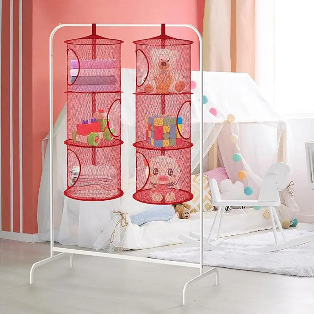 Foldable Clothes Drying Basket Three-layer Hanging Storage Breathable Organizer - Red