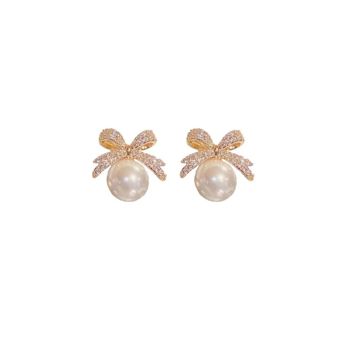 Vintage Ribbon Bow & Imitation Pearl Earrings – Champagne, Pair — product image 1 of 15