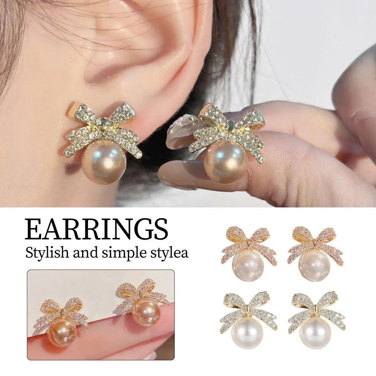 Vintage Ribbon Bow & Imitation Pearl Earrings – Champagne, Pair — product image 2 of 15