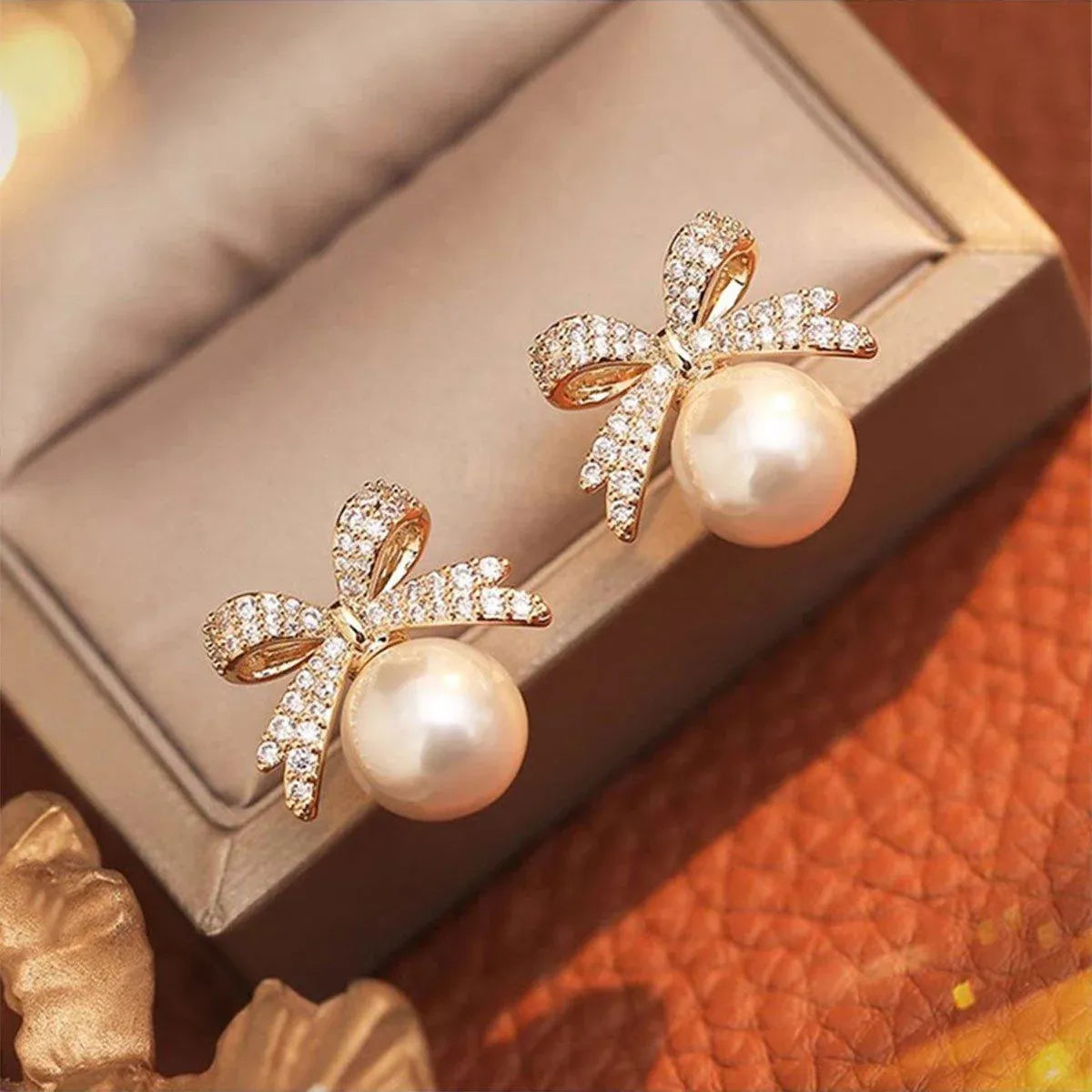 Vintage Ribbon Bow & Imitation Pearl Earrings – Champagne, Pair — product image 8 of 15