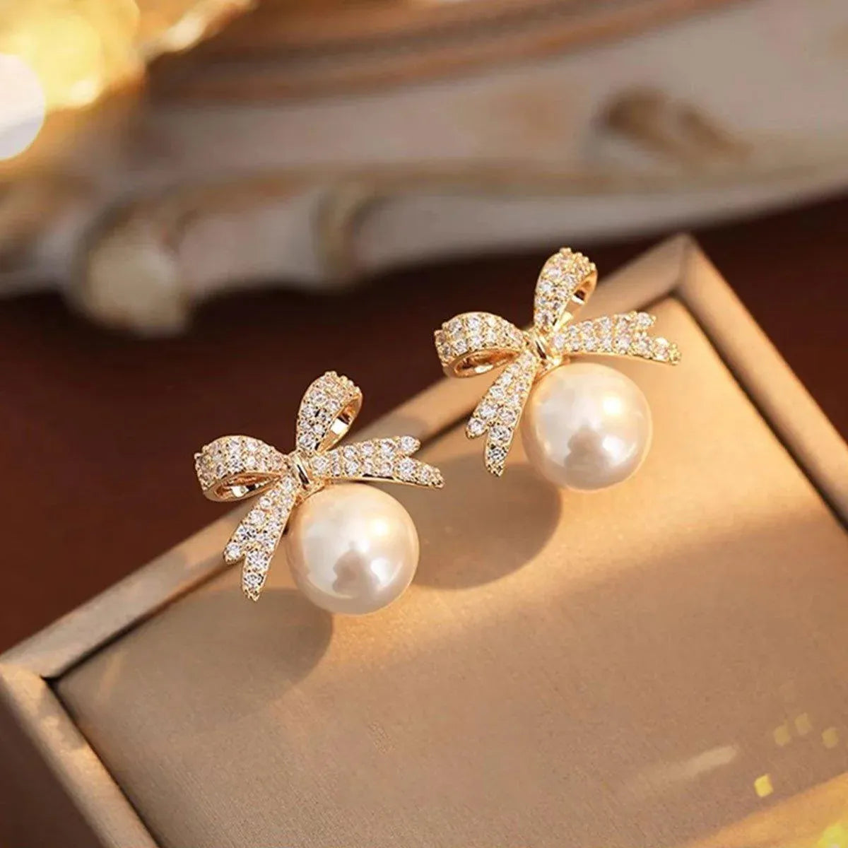 Vintage Ribbon Bow & Imitation Pearl Earrings – Champagne, Pair — product image 10 of 15