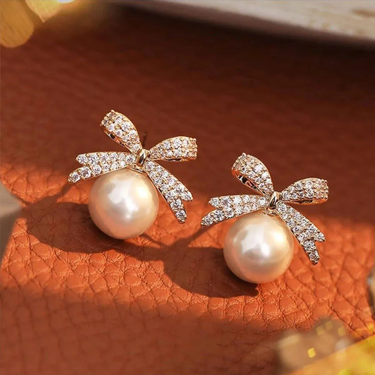 Vintage Ribbon Bow & Imitation Pearl Earrings – Champagne, Pair — product image 11 of 15