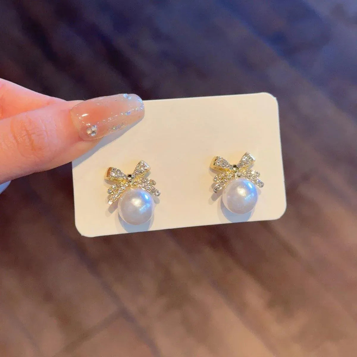 Vintage Ribbon Bow & Imitation Pearl Earrings – Champagne, Pair — product image 13 of 15