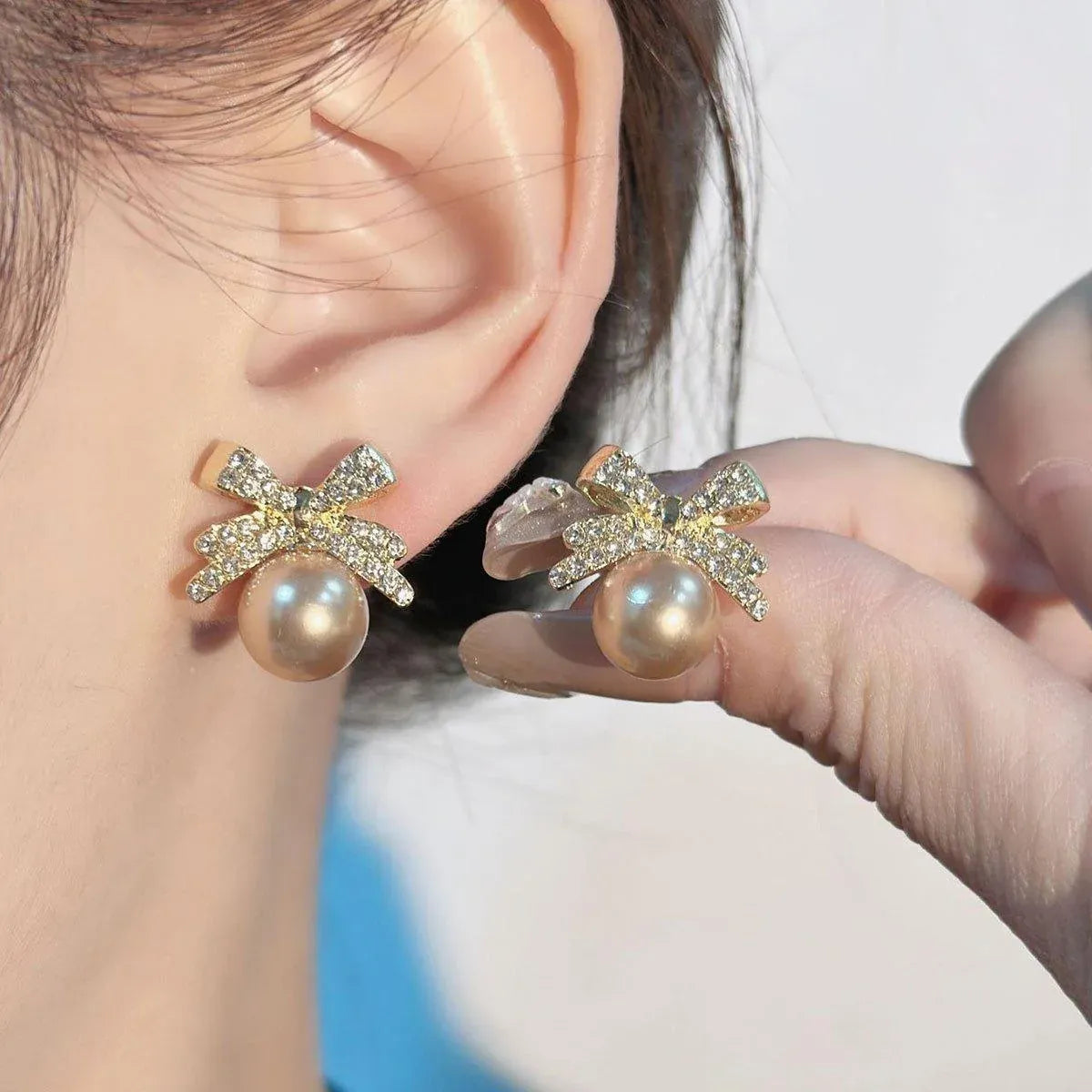Vintage Ribbon Bow & Imitation Pearl Earrings – Champagne, Pair — product image 15 of 15