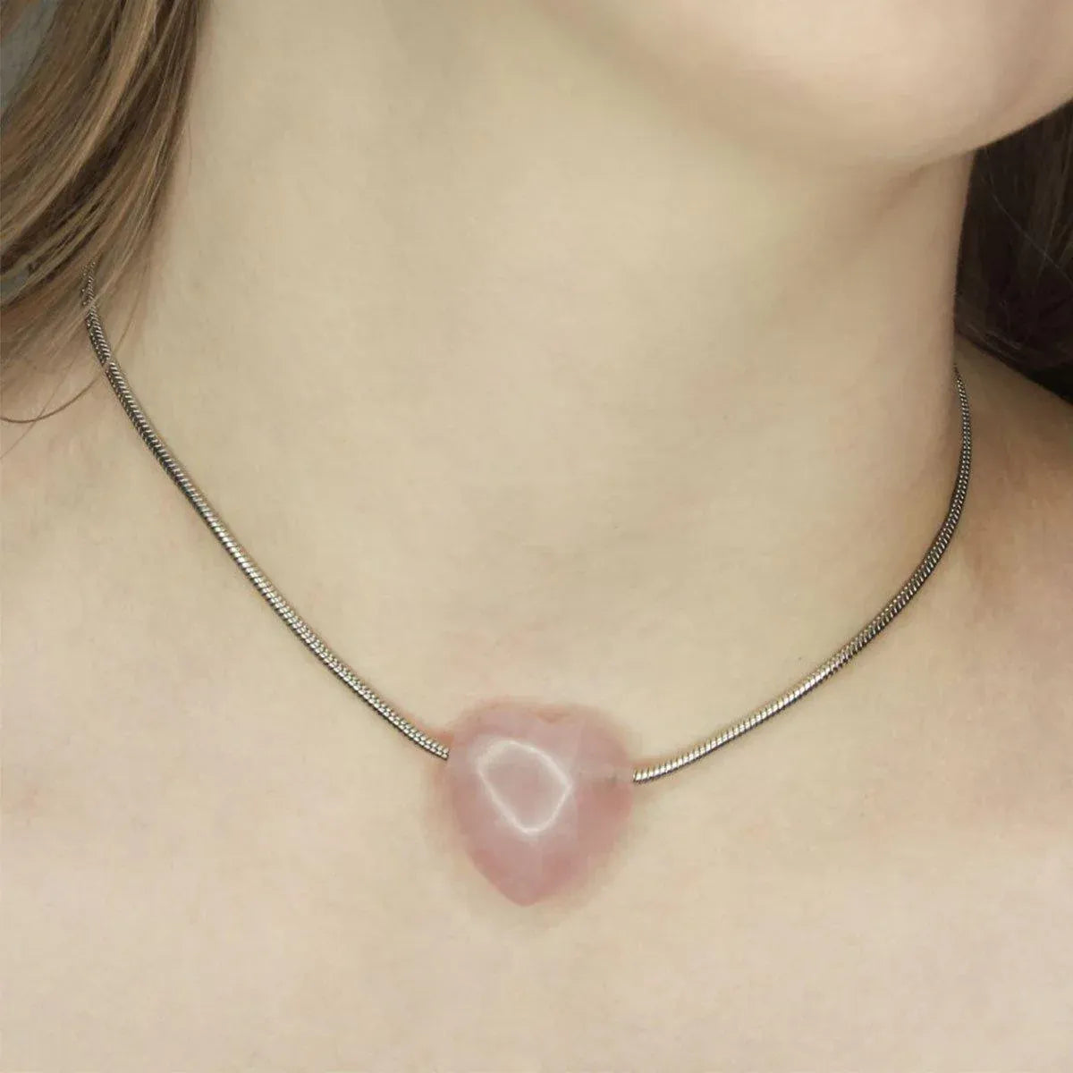 Fashion Girls Necklace Pink Love Titanium Steel Snake Chain Big Heart Pendant