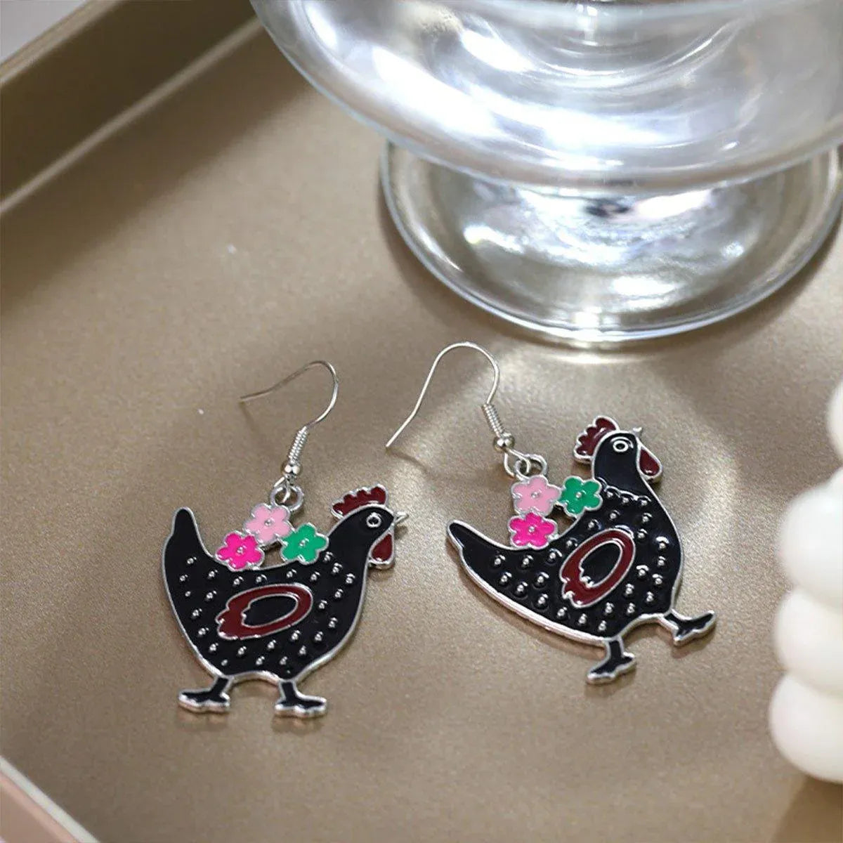 Cute Cartoon Earrings Funny Jewelry Gift for Girls Perfect for Birthdays Parties - Black rooster